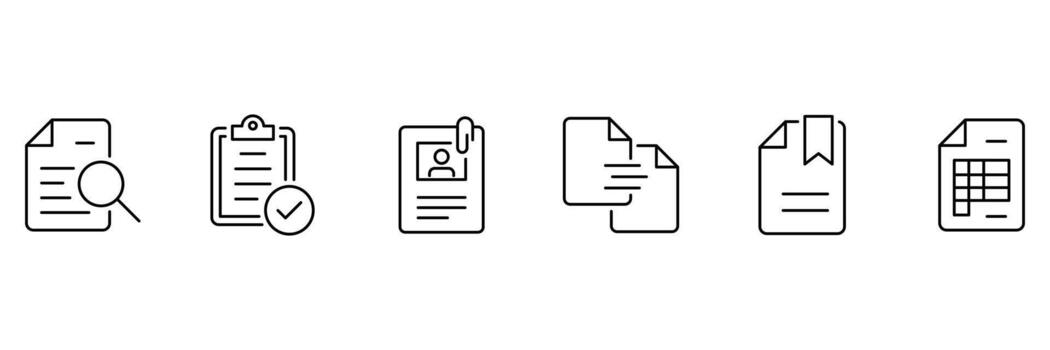 Document outline icon. Set of document Icons. Containing contract papers, folder, certificate, accept, approved, clipboard, invoice, archive and more. vector