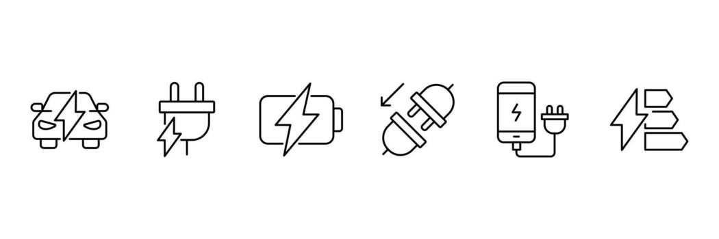 Charging Web Icon Set in Line Style. Charging icons set. Featuring electrical, transport, load, power, plug, and more. Containing charge, battery. vector