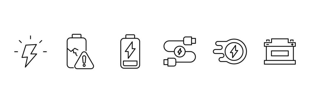Charging Web Icon Set in Line Style. Charging icons set. Featuring electrical, transport, load, power, plug, and more. Containing charge. vector