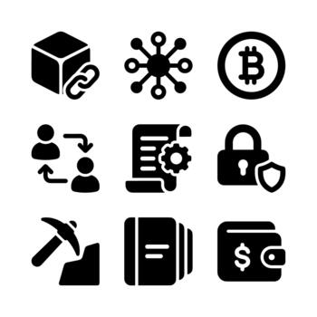 Solid Glyph Style Set of Cryptocurrency and Blockchain Technology Icons vector