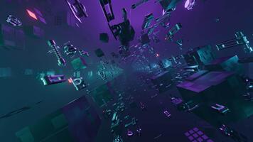 lila cybernetiska sci fi tunnel med flytande komponenter och djup rörelse, trogen abstrakt sömlös slinga video