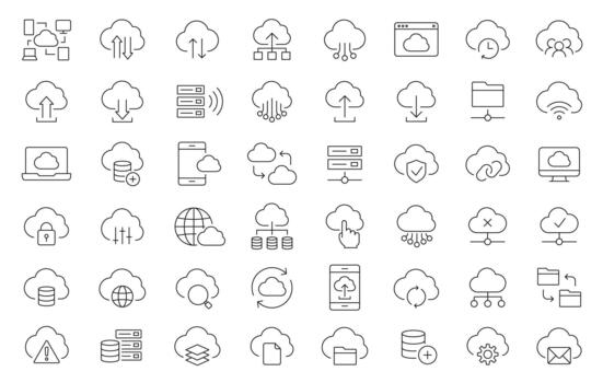 moderno nube servicios línea icono conjunto presentando editable carrera íconos para nube informática, almacenamiento, sincronizar, seguridad, respaldo, red, y datos gestión. ideal para web, aplicación, y ui diseño. vector