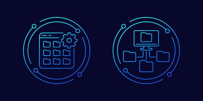 file management icons with folders, linear design vector