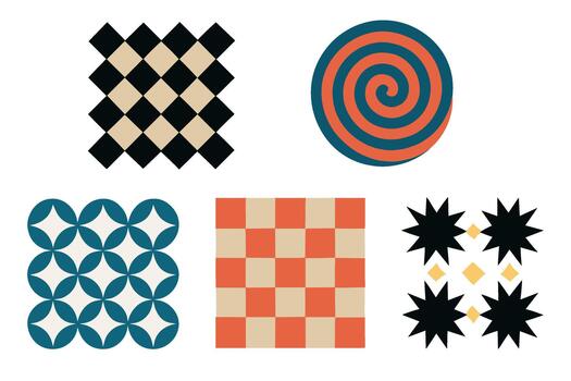 retro geométrico patrones colocar. colección de resumen sin costura antecedentes con tablero de damas, espiral, y formas vector