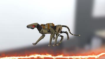 trogen robot hund löpning i en dynamisk verkan scen med gnistor av brand effekt video