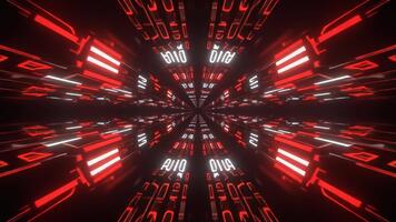 futuristico rosso e bianca neon leggero tunnel con digitale binario codice. video
