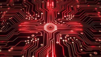 rosso raggiante circuito tavola con intricato modelli e centrale in lavorazione unità. video