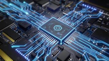 Avanzate microchip in lavorazione dati su un' circuito tavola con blu energia video