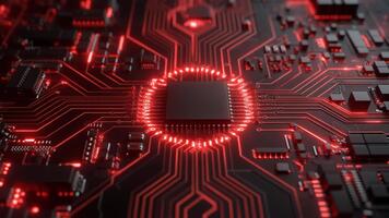 Avanzate microchip in lavorazione dati su un' circuito tavola con rosso raggiante connessioni. video