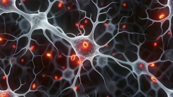 neurale Rete attività con raggiante rosso impulsi, che rappresentano cervello funzione e artificiale intelligenza. video
