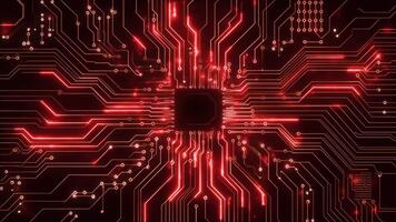 rosso raggiante circuito tavola con centrale in lavorazione unità, simboleggiante Avanzate tecnologia e digitale innovazione. video