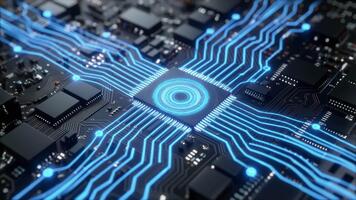 Avanzate processore in lavorazione su un' circuito tavola con raggiante blu connessioni. video