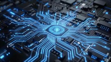 Avanzate processore processore con raggiante blu circuiti e dati fluire. video