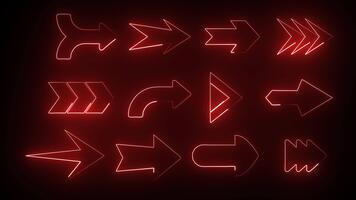 animato 4k UHD rosso neon frecce imballare sovrapposizione, dinamico splendore direzione puntatori impostare, futuristico schermo elemento vfx video