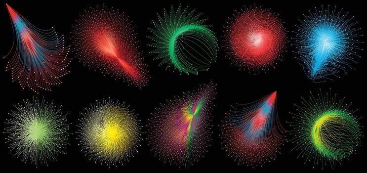 Abstract Colorful Particle Flow Lines Set on Black Background with Glowing Dots, Futuristic Data Waves, Radial Spirals and Dynamic Light Motion Shapes vector