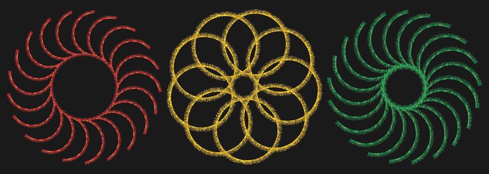 resumen mano dibujado circular geométrico formas conjunto en negro antecedentes con rojo amarillo verde tiza textura, áspero granoso espiral anillos y artístico mínimo diseño elementos vector