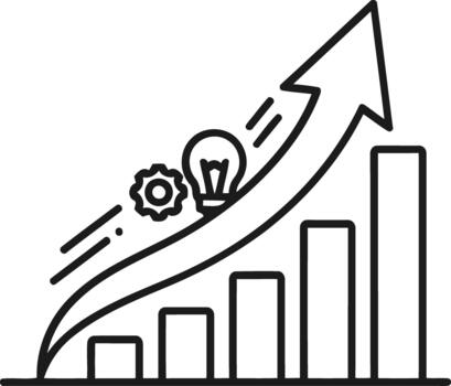 estratégico negocio crecimiento y innovación visualizante Progreso con bar gráficos, ruedas dentadas, y esclarecedor ideas vector