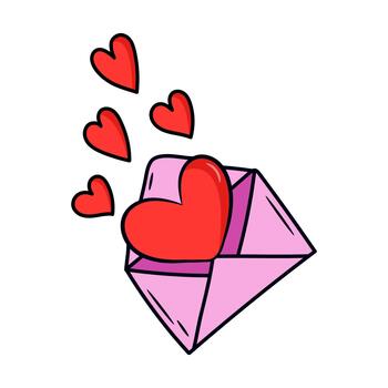 Handdrawn pink envelope with a large red heart inside and small hearts floating out vector