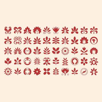 Collection of red floral and leaf patterns arranged in a grid on a light background vector