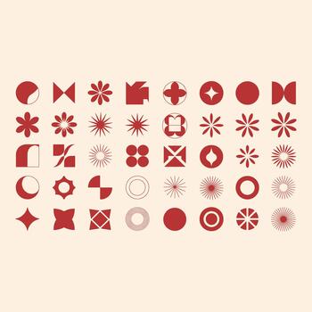 Collection of red geometric and abstract patterns arranged in a grid vector