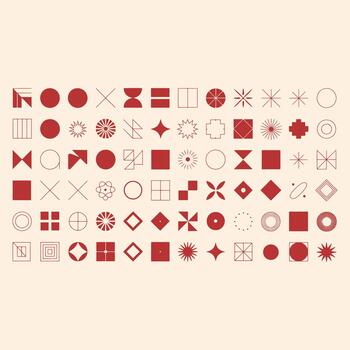 Collection of red geometric shapes and symbols arranged in a grid pattern vector