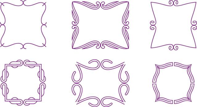 Six decorative purple frame outlines with intricate swirl and loop patterns vector