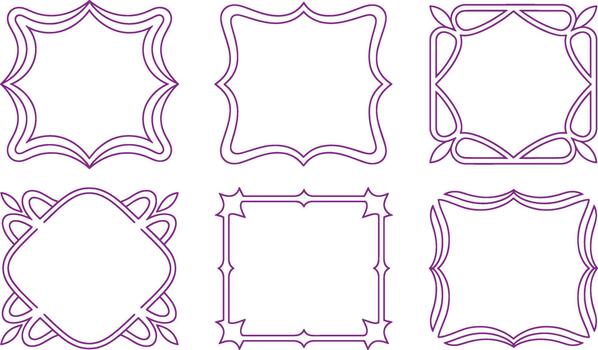 Six purple decorative frame outlines with various intricate patterns on white background vector