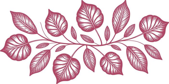 Maroon botanical of a leafy branch with detailed veins and patterns on a white background vector