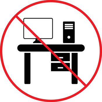 No trabajo mesa con computadora icono. puesto de trabajo prohibición simbolos escritorio y ordenador portátil prohibido gráfico diseño. información seguridad y advertencia señales vector