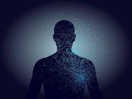 resumen representación de un humano formar compuesto de minúsculo brillante azul digital partículas, sugerencia datos, tecnología, o transformación vector