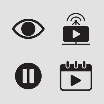 A collection of essential media control and viewing icons, including eye, live stream, pause, and scheduled vector