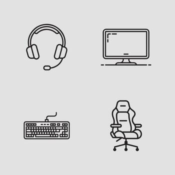 Essential modern gaming and computer setup accessories in minimalist line art icon style vector