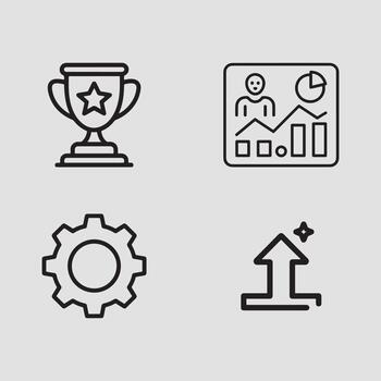 un colección de esencial negocio y logro línea iconos, representando éxito, analítica, ajustes, y Progreso vector