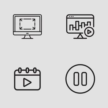 conjunto de línea íconos para medios de comunicación reproducción, mostrar, lleno pantalla, y Planificación vector