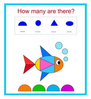 Math activity for children. How many geometric shapes Developing numeracy skills vector