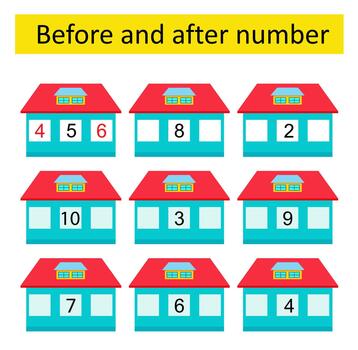 Math activity for kids. Before and after number. Developing numeracy skills. Number range up to 10. illustration vector