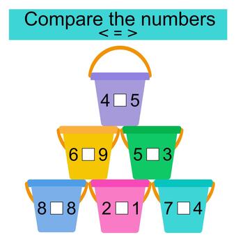 Math activity for kids. Compare the numbers. Number range up to 10 vector