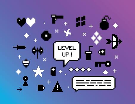 Pixel art 8 bit objects. Retro game assets. Set of icons vector