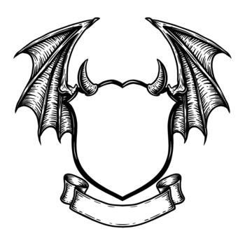 blanco cresta proteger emblema con diablo murciélago alas y Desplazarse bandera negro y blanco contorno línea Arte dibujo vector