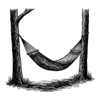 An Empty Hammock Hung Between Two Trees Black and White Outline Line Art Drawing vector