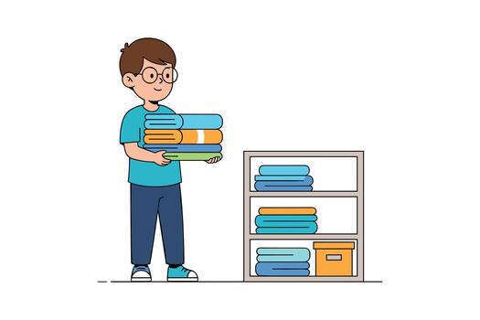 Young Boy with Eyeglasses Holding a Stack of Folded Laundry Near a Shelf in Simple Flat Design Style vector