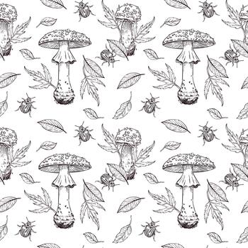Seamless pattern of fly agarics, autumn leaves, beetles, tree twigs. All objects are hand-drawn in . The illustration is perfect for printing on fabric, paper, for kitchen textiles vector