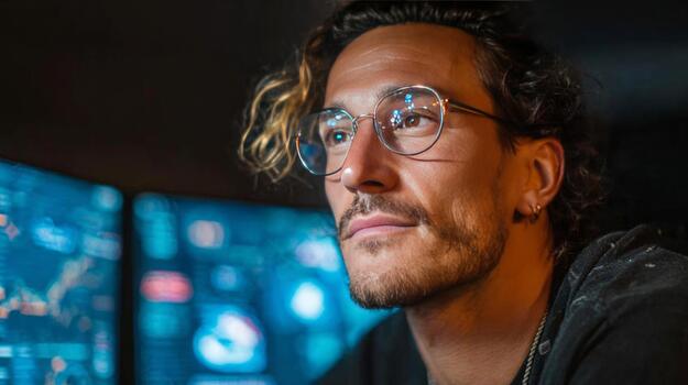 Young man developer coding on multiple monitors photo