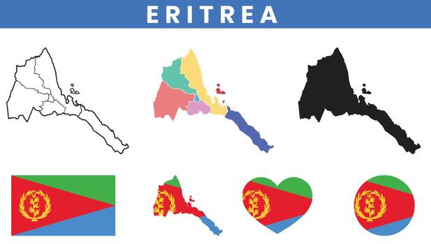 eritrea mapa conjunto con regiones contorno silueta y nacional bandera íconos vector