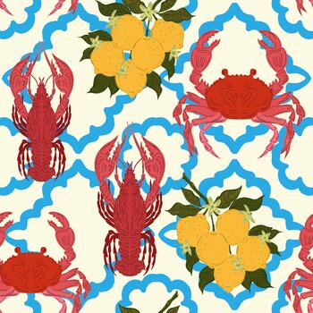 crab and lemon pattern on a white background vector