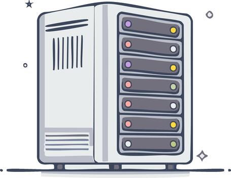 Illustration of a data server standing upright on a horizontal line shining with stars for network infrastructure purposes vector