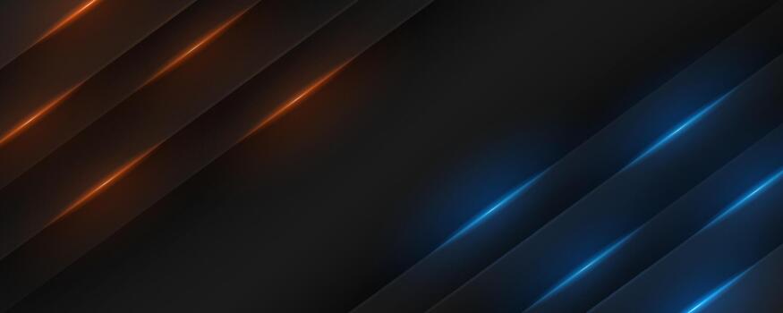 3D black abstract background overlap layer on dark space with glowing blue orange lines effect decoration. Modern graphic design element cutout style concept for web, flyer, card, or brochure cover vector
