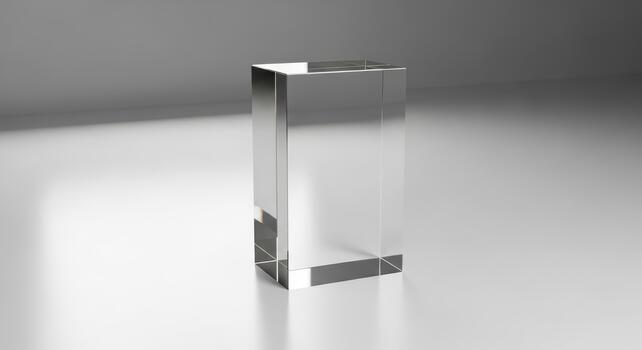 A clean, clear glass rectangular prism trophy or award on a reflective surface with soft lighting photo