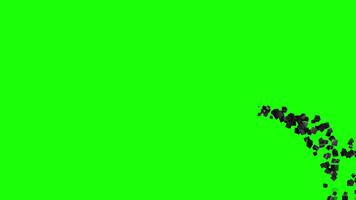 Abstract black particles dispersing across a bright green chroma key background, ideal for visual effects, motion graphics, compositing, and digital overlays with ample copy space. video