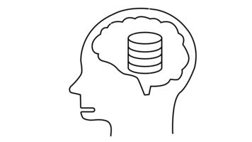 lijn kunst beeldt af een profiel van een hoofd met een hersenen in welke een stack van munten of databases is zichtbaar video